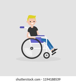 Young disabled male character sitting in a wheelchair. Disability. Daily life. Flat editable vector illustration, clip art