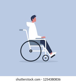 Young disabled male character sitting in a wheelchair. Disability. Daily life. Flat editable vector illustration, clip art