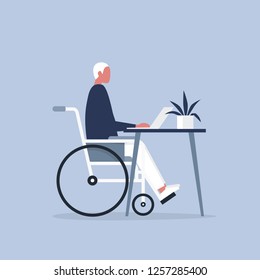 Young disabled male character in a wheelchair working in the office. Workspace. Millennials at work. Flat editable vector illustration, clip art