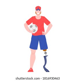 Young disabled man. Handicap sportsman flat vector illustration. Character boy with artificial leg holding a soccer ball.