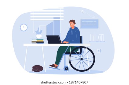 Young disabled man in wheelchair working on laptop computer at home or office. Handicapped businessman character at workplace. Disability concept. Flat cartoon vector Illustration.