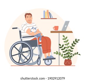 Young disabled person in wheelchair with cat and laptop on workplace. Cartoon handicapped man character takes a break from distant work from home. Flat people disability concept vector illustration.