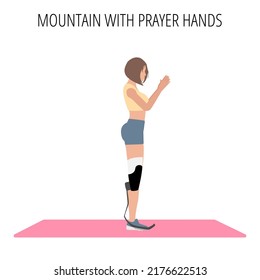 Young disabled woman with leg prosthesis doing yoga asana. Inclusive sport for people with disabilities. Female cartoon yoga pose. Full body yoga workout vector illustration