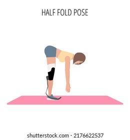 Young disabled woman with leg prosthesis doing yoga asana. Inclusive sport for people with disabilities. Female cartoon yoga pose. Full body yoga workout vector illustration