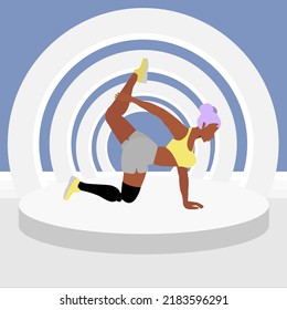 Young disabled woman with leg prosthesis doing yoga Vyaghrasana. Inclusive sport for people with disabilities. Female cartoon yoga pose. Full body yoga workout vector illustration