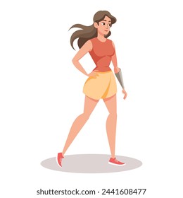 Young disabled woman with a prosthetic arm. Female character with physical disabilities. Illustration, vector