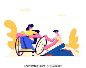 Young Disabled Woman Sitting in Wheelchair, Man Repair Wheel. Love, Family, Human Relations, Disability. Boyfriend and Handicapped Girlfriend Walking Outdoors, Invalid Cartoon Flat Vector Illustration