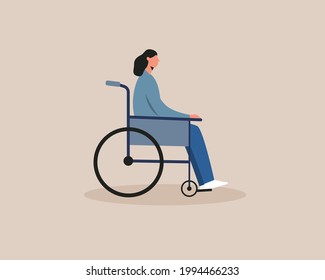 Young disabled woman sitting in a wheelchair. Handicapped female character. Disability,equal opportunities concept. Vector illustration cartoon flat style.