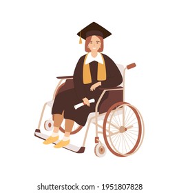 Young disabled woman, student graduated from school, university, college, wearing academic mantle, scarf, mortar board and holding certificate. Female character sitting in wheelchair. Equality concept