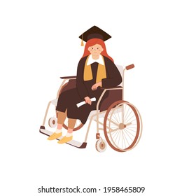 Young Disabled Woman, Student Graduated From School, University, College, Wearing Academic Mantle, Scarf, Grad Cap And Holding Certificate. Female Character Sitting In Wheelchair. Equality Concept