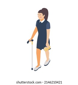 Young disabled woman with walking cane on white background 3d isometric vector illustration