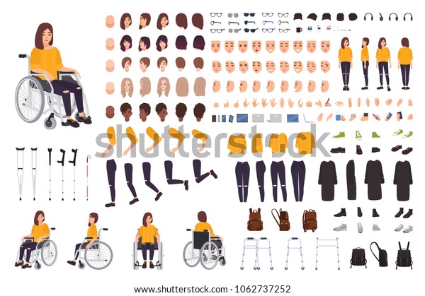 車椅子のコンストラクターやdiyキットを持つ若い身障者の女性 体の部分 表情 松葉杖 歩くフレームのセット 女性の漫画のキャラクター 前面 側面 背面 ベクターイラスト のベクター画像素材 ロイヤリティフリー