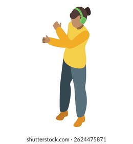 Young disc jockey is mixing music wearing headphones in this isometric illustration
