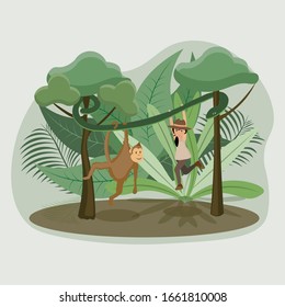 Young discoverer with monkey and snake in tropical jungle trip.