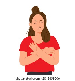 The young disgruntled girl refuses. Vector illustration in cartoon style isolated on background.