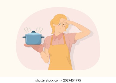 Young Disgusted Chef Cook Baker Woman Hold Soup Stainless Pot Rub Put Hand On Nose Concept