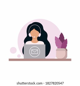 A young dispatcher from a technical support service, service center, or call center sits at a computer and answers customer questions. Illustration for banking business. Vector drawing in flat style.