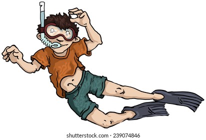 young diver boy, happy, under water, vector illustration