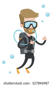 Young diver diving with scuba and showing ok sign. Caucasian diver in diving suit snorkeling and giving thumb up. Diver enjoying the dive. Vector flat design illustration isolated on white background.