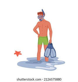 Young diver in fins. Man wearing diving mask and snorkel, guy holding flippers while standing in water on beach or seacoast. Diver flat vector character with snorkeling equipment