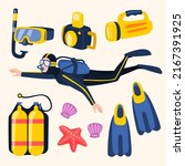 Young diver man in swiming suit with set of equipment for diving in cartoon profession style, vector illustration