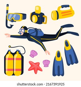 Young diver man in swiming suit with set of equipment for diving in cartoon profession style, vector illustration