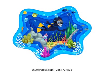 Young diver and paper cut underwater landscape. Cartoon vector character with diving suit and oxygen balloon exploring underwater tropical sea world, surrounded by colorful fish shoals and coral reefs