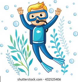 Young diver swims under water among seaweed and air bubbles on a white background. Cute vector illustration of a children's theme.