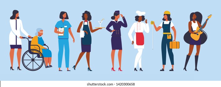 Young Diverse International and Interracial Women Group of Different Professions and Ages and Status Stand in Row. Girls Power, Feminine, Feminism, Woman Empowerment Cartoon Flat Vector Illustration