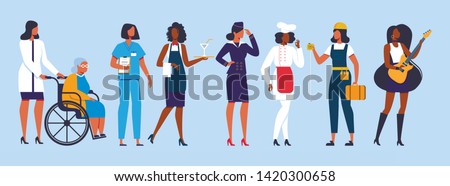 Young Diverse International and Interracial Women Group of Different Professions and Ages and Status Stand in Row. Girls Power, Feminine, Feminism, Woman Empowerment Cartoon Flat Vector Illustration