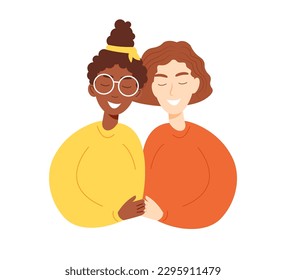 Young diverse lesbian couple holding hands. Two smiling women in love. Cute vector characters in flat cartoon style. Pride month concept, LGBTQ+ people, homosexual relationships