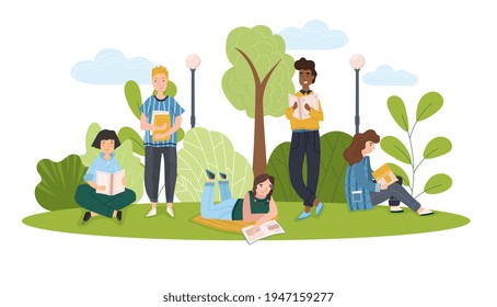 Young diverse multiracial people reading books in the park. Summer landscape background. Holidays time. Back to school, Study, Learning, Knowledge, Education concept. Flat cartoon vector illustration