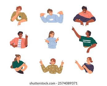 Young diverse people pointing fingers at different direction, showing or pointing. Vector isolated set of characters with cheerful facial expression, giving advice or recommendation, announcement