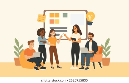 Young diverse team collaborating in a modern workspace, sharing ideas in front of a whiteboard. Flat-style illustration for teamwork and innovation themes.