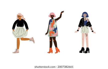 Young Diverse Woman Standing Loving Their Body and Appearance as Self Acceptance Vector Set