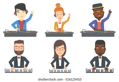 Young DJ mixing music on turntables. DJ playing and mixing music on deck. DJ in headphones at the party. Pianist playing piano. Set of vector flat design illustrations isolated on white background.