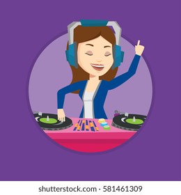 Young DJ mixing music on turntables. DJ playing and mixing music on deck. Caucasian DJ in headphones at the party in night club. Vector flat design illustration in the circle isolated on background.