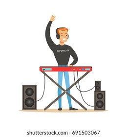 Young DJ playing some music vector Illustration