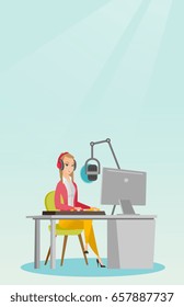 Young dj working in front of microphone, computer and mixing console on the radio. Caucasian news presenter in headset working on the radio station. Vector flat design illustration. Vertical layout.