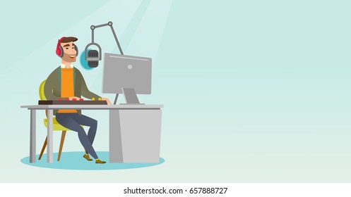 Young dj working in front of microphone, computer and mixing console on the radio. Caucasian news presenter in headset working on the radio station. Vector flat design illustration. Horizontal layout.