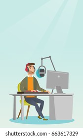 Young dj working in front of microphone, computer and mixing console on the radio. Caucasian news presenter in headset working on the radio station. Vector flat design illustration. Vertical layout.