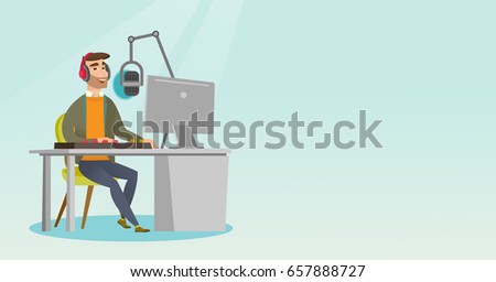 Vector Young dj working in front of microphone, computer and mixing console on the radio. Caucasian news presenter in headset working on the radio station. Vector flat design illustration. Horizontal layout.