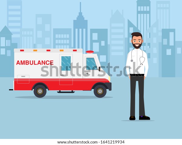 Young doctor and ambulance car on cityscape\
background. Male emergency medical service employee. Hospital staff\
concept. Flat style vector\
illustration