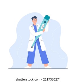 A young doctor with a big thermometer. The character of a male doctor in full growth. Vector flat illustration for brochures, medical clinics banners, and websites.