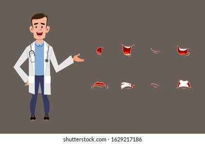 young doctor cartoon character with different facial expression set.  different facial emotions for custom animation, motion or animation