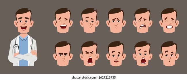 young doctor cartoon character with different facial expression set.  Different emotions for custom animation