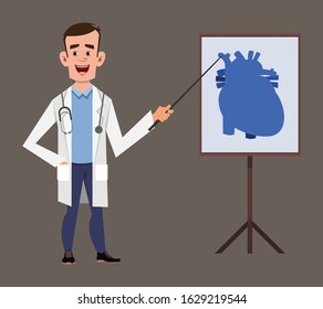 young doctor cartoon character giving presentation