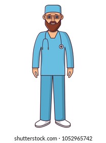 Young doctor character cartoon.Man with a beard and glasses. The treating surgeon in overalls.Healthcare concept. In flat the line an art a vector.Employee of clinic or hospital.
