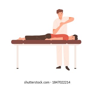 Young doctor, chiropractor or osteopath massaging patient on couch. Professional physiotherapist making elbow massage. Flat vector cartoon illustration isolated on white background