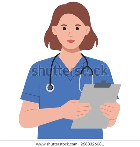 Young doctor with clipboard flat vector graphic